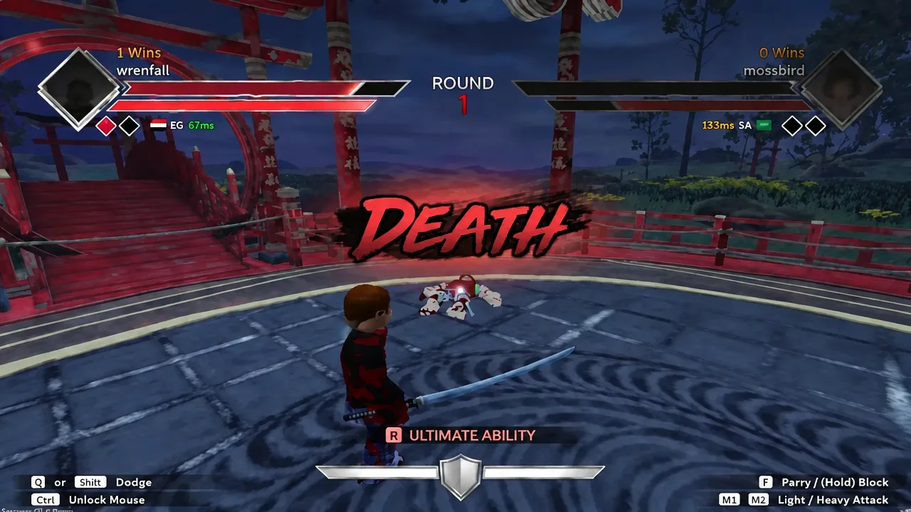 DEATH text on screen as the defeated opponent falls, with the R ultimate prompt lit up