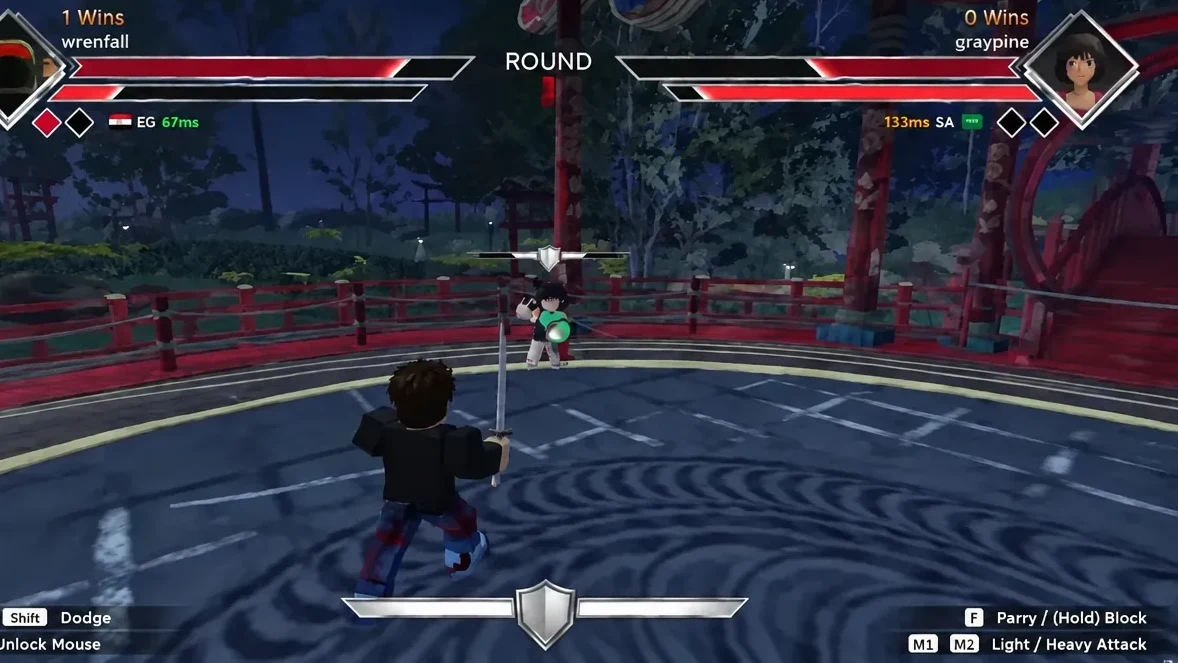 Two fighters trading sword blows during a round in the Dueling Grounds arena