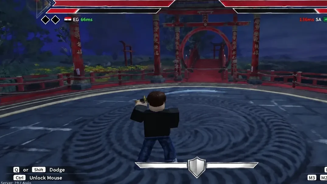 Arena HUD showing the dodge and unlock mouse prompts while the player stands in combat stance