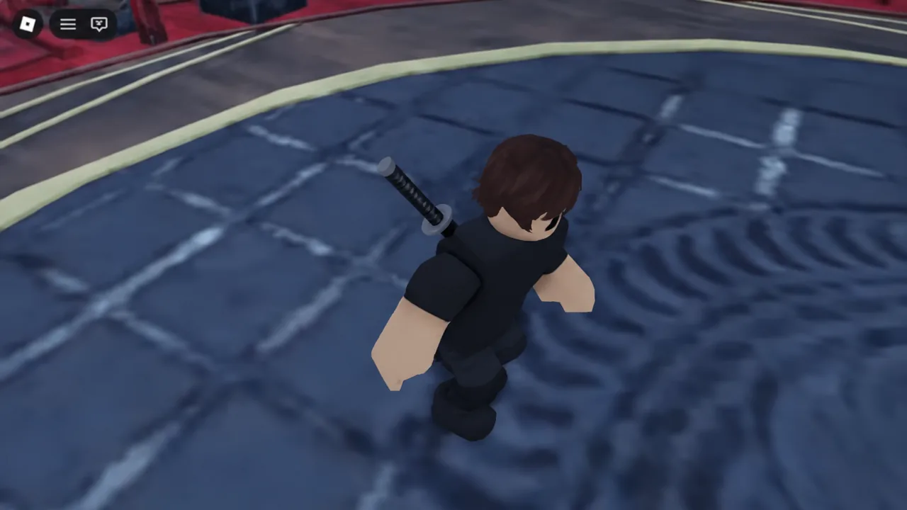 Player character running across the arena with a sword drawn during a duel