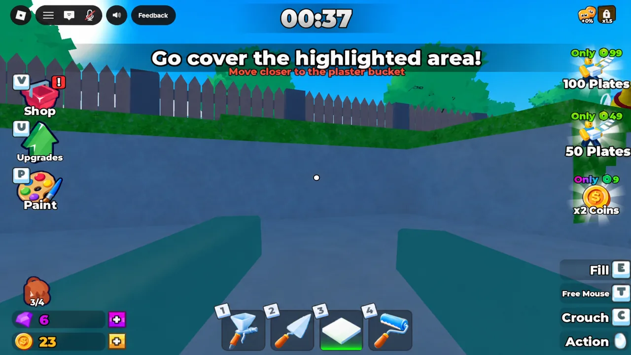 On-screen prompt telling the player to move close to the plaster bucket before filling the sprayer