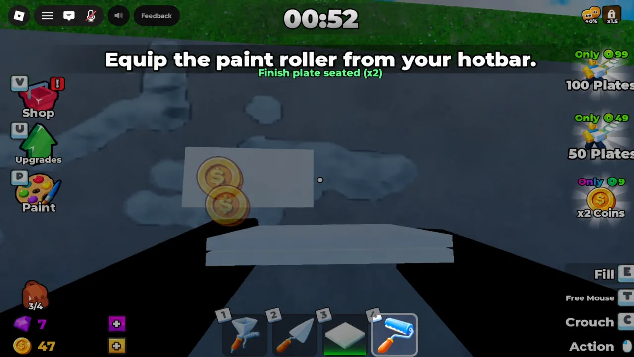 Paint roller being selected from the fourth hotbar slot during gameplay