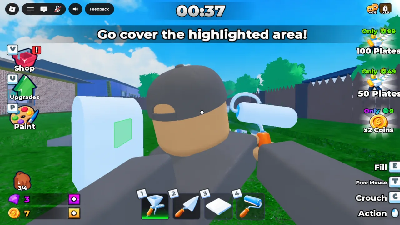 Player spraying plaster along a highlighted path on an unfinished surface