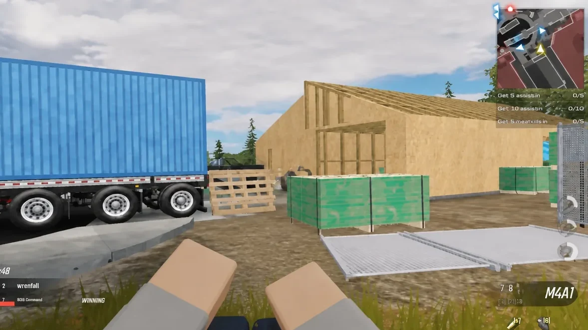 Player carrying the M4A1 through a construction yard toward an unfinished wooden building