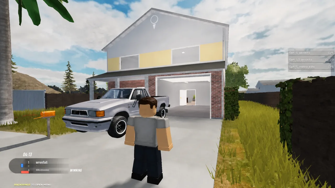 Backspace menu prompt visible on the HUD while the player moves outside a house