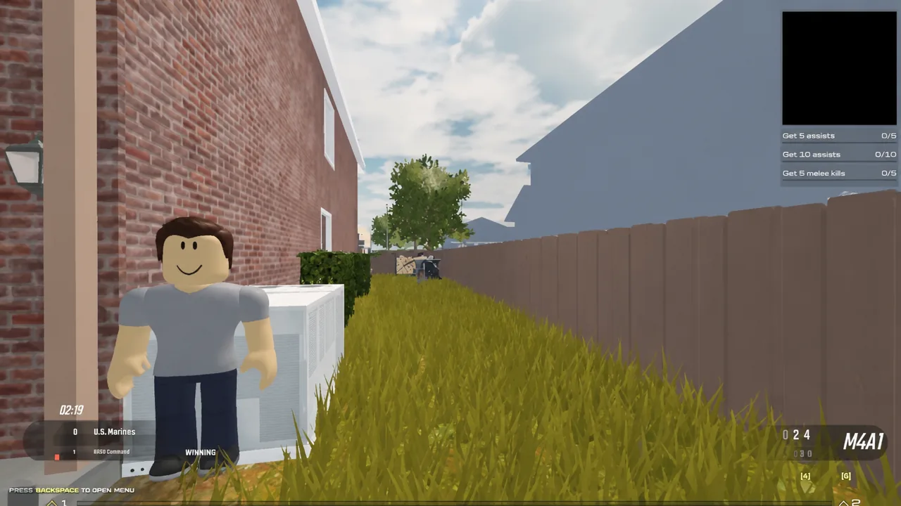 M4A1 weapon HUD showing ammo count while the player holds a grassy alley