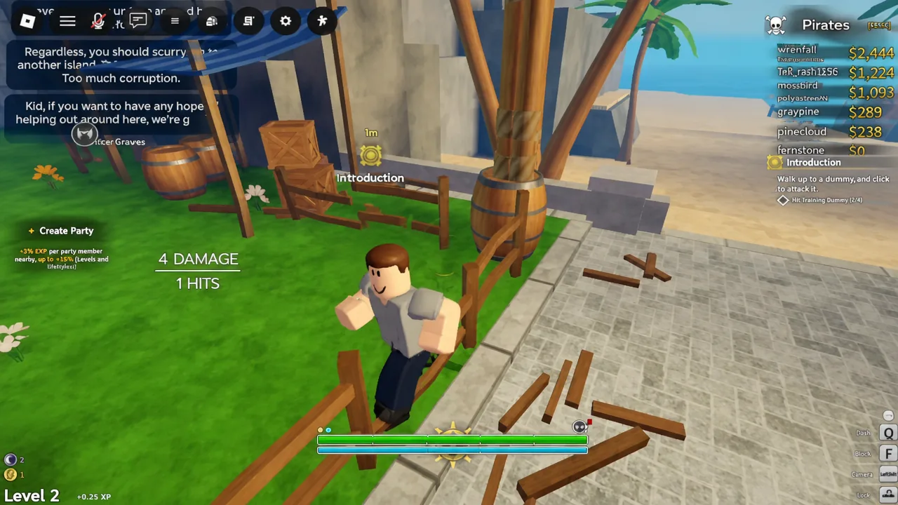 Player punching the highlighted training dummy as the hit counter ticks up during the Introduction quest
