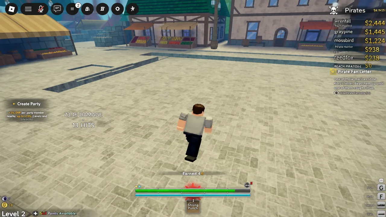 Player attacking in town with the Pirate Fan Letter objective highlighted in the quest tracker