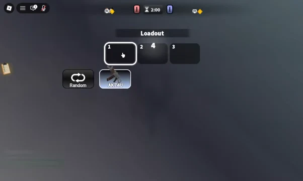Hood Rivals Loadout screen with slot one open and the AK74U weapon option highlighted