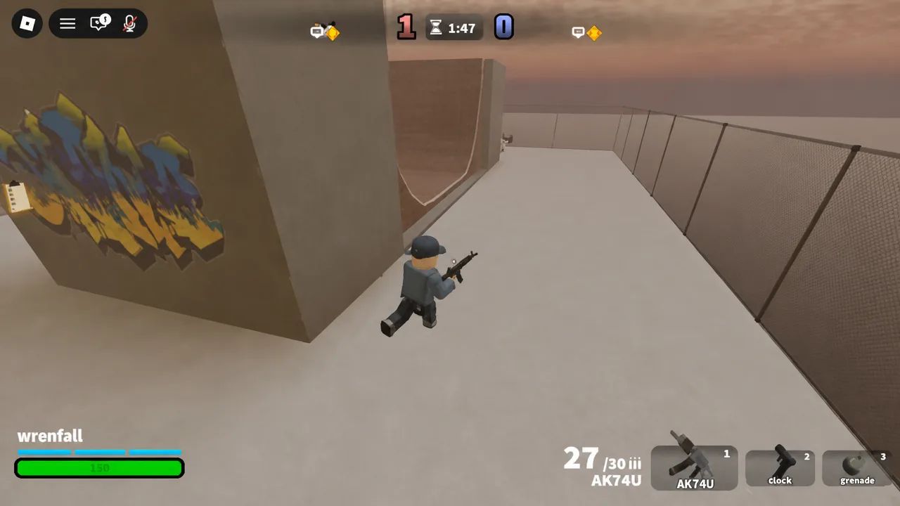 Hood Rivals gameplay HUD showing the AK74U equipped while moving down a fenced rooftop corridor