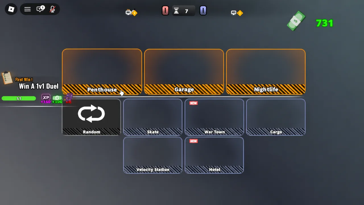 Hood Rivals map selection screen with the Penthouse tile being clicked to cast a vote