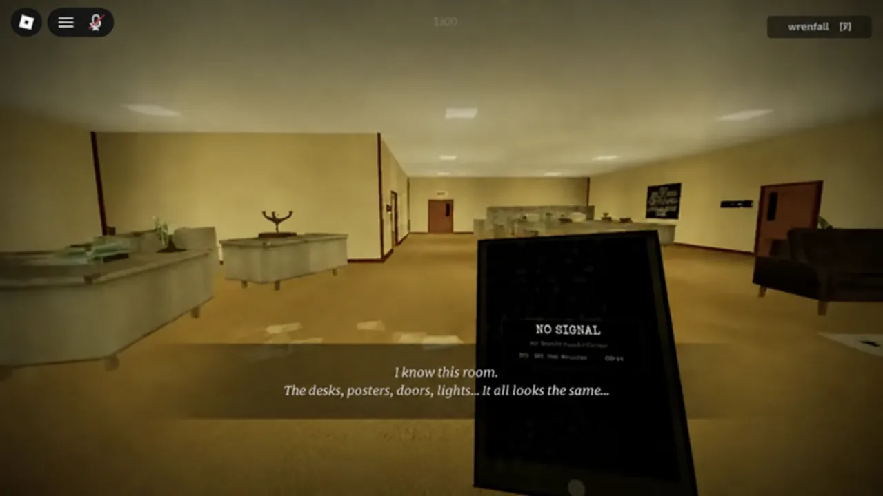 Handheld anomaly detector reading NO SIGNAL while the player stands in the HOUR 12 office lobby