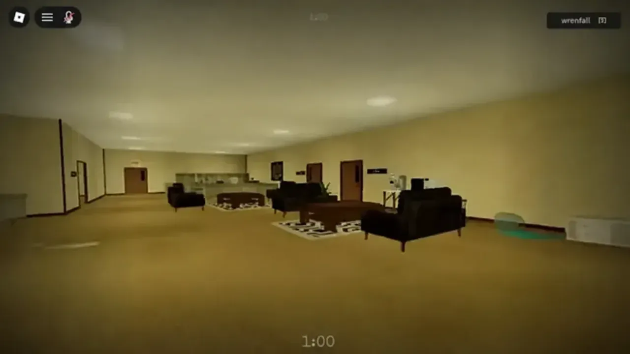 First-person view of a furnished office room in HOUR 12 with the clock reading 1:00