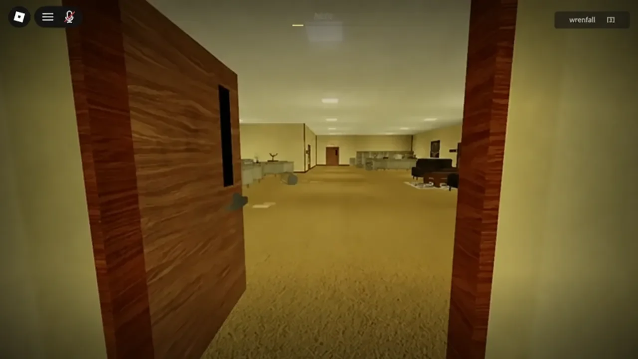 Player walking through an open wooden door into a carpeted office room in HOUR 12