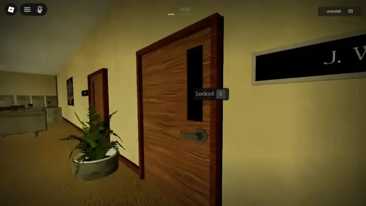 A wooden office door in HOUR 12 showing a Locked prompt when the player tries to open it