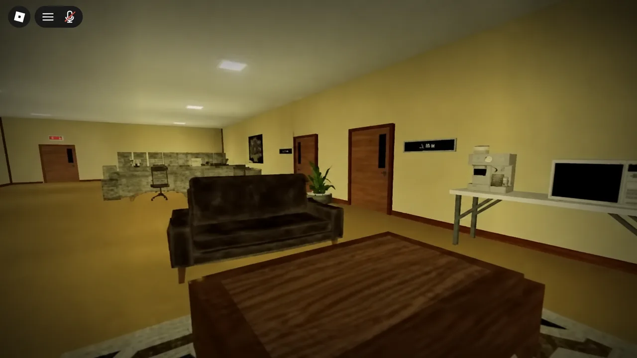Reception lounge area in HOUR 12 with the Roblox menu button visible in the top-left corner