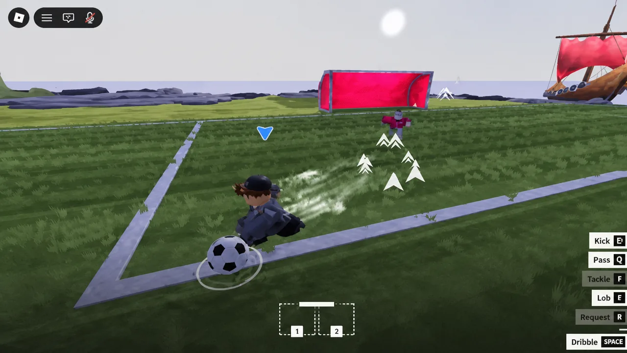 Player dribbling the ball away from an approaching opponent during the tutorial