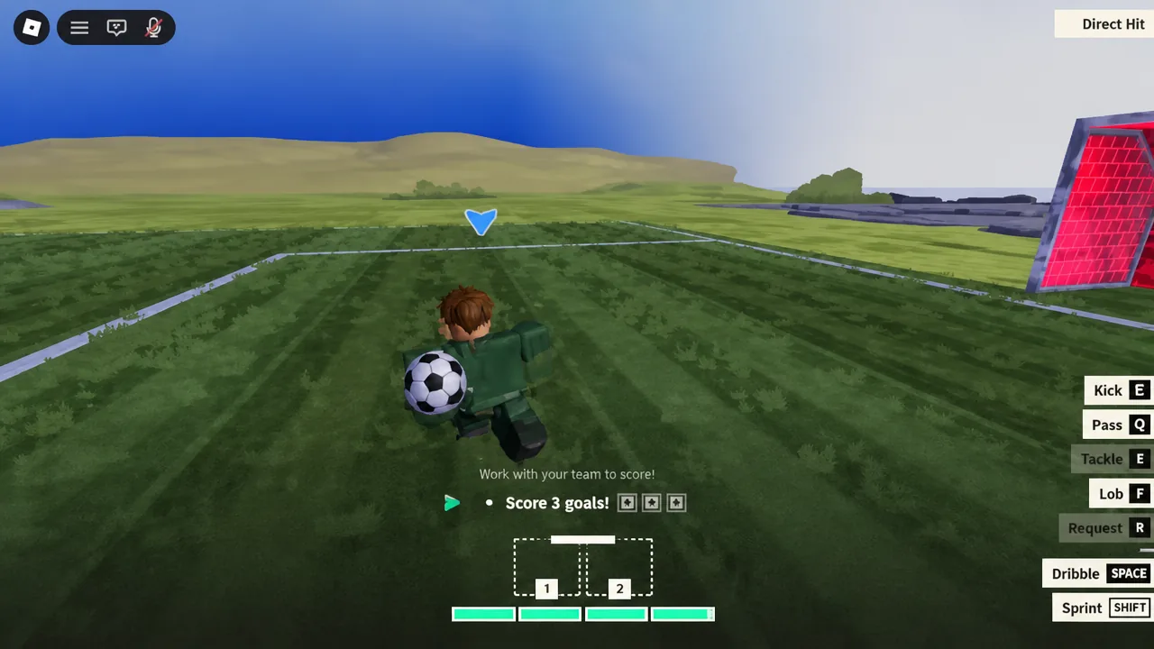 Score 3 goals objective on screen as the player carries the ball toward the net