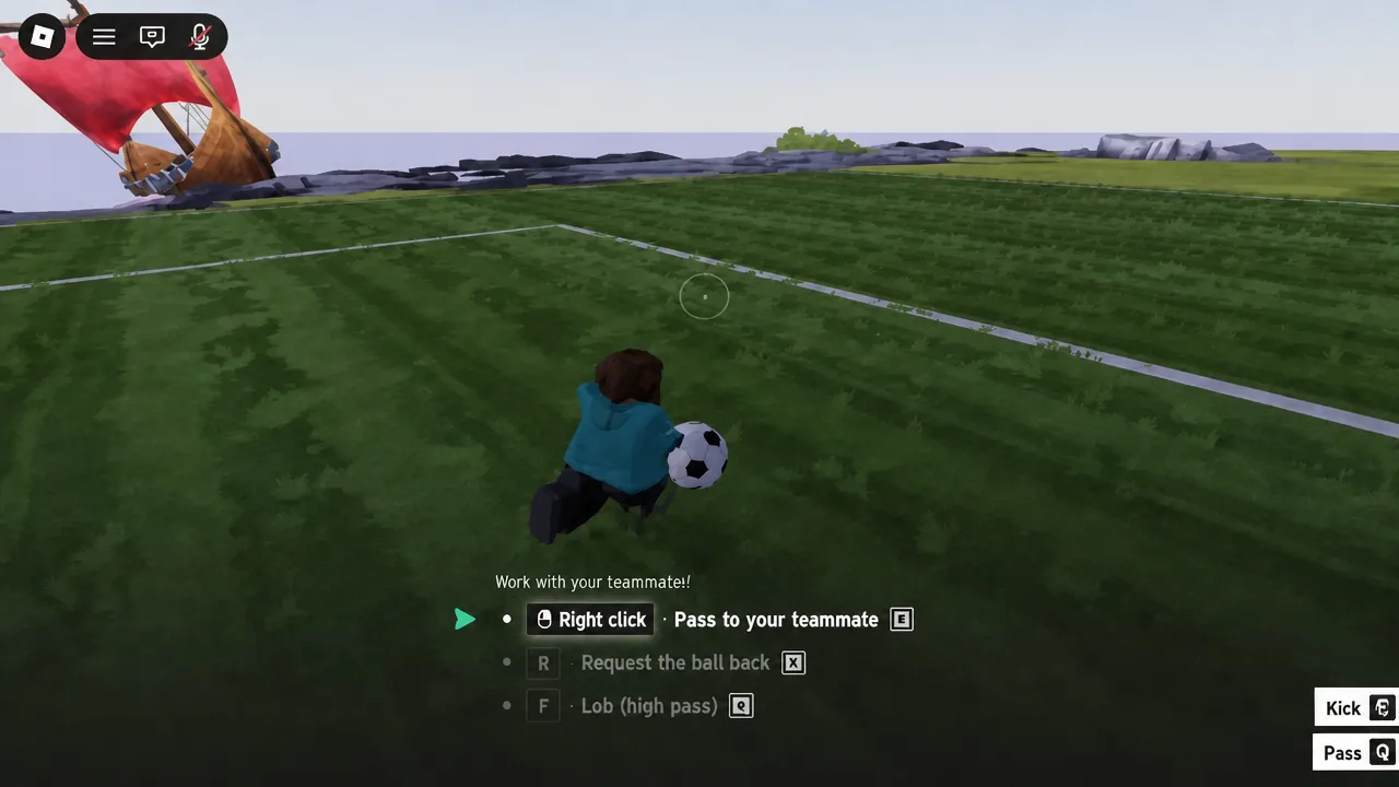 Tutorial prompt telling the player to work with a teammate, showing the right click pass binding