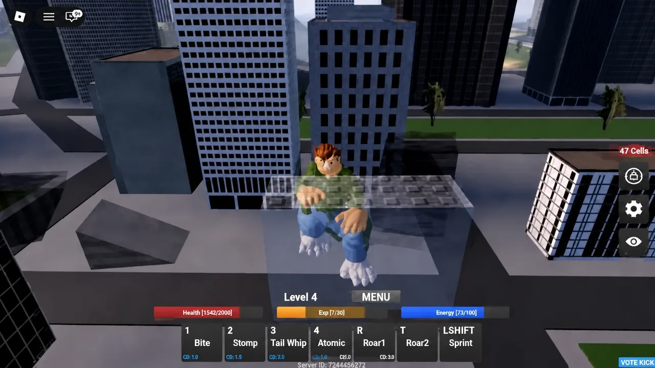Kaiju standing on a rooftop with the health, experience, energy bars and skill buttons on screen