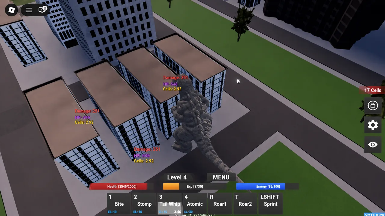 Kaiju tearing through city buildings while damage, HP and cells counters update on screen