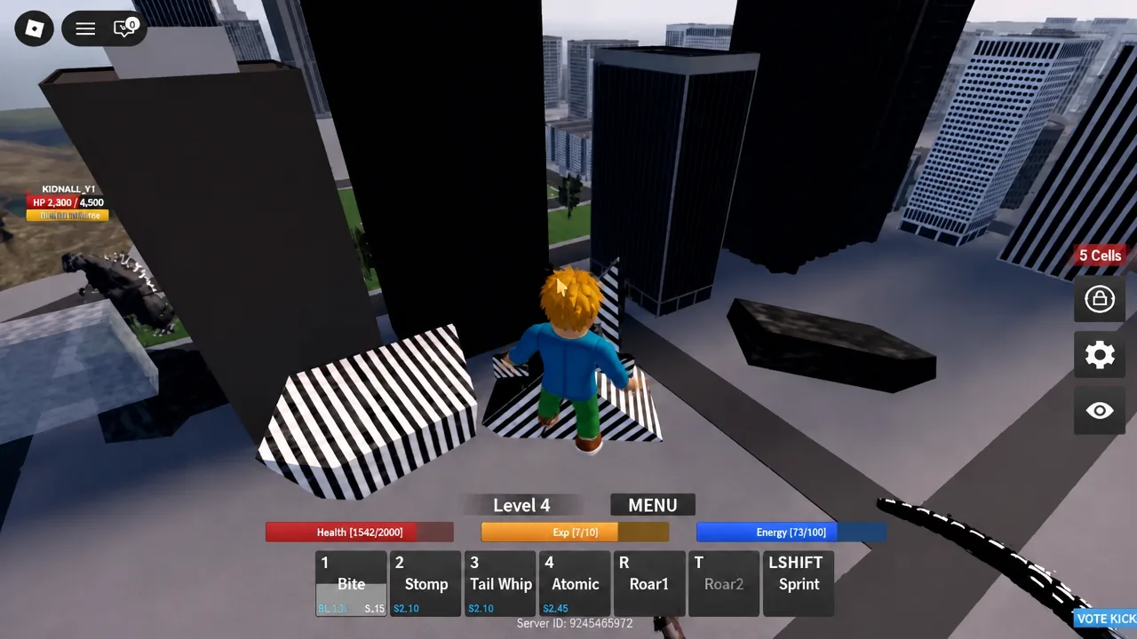 Level 4 kaiju moving across a rooftop with the MENU button and combat HUD on screen