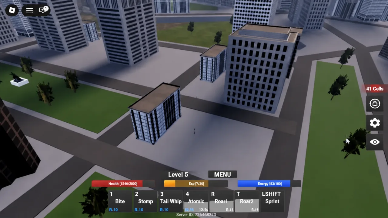 Player looking down over the city skyline with the MENU button visible in the corner