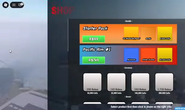 Shop screen listing the Starter Pack and Pacific Rim #1 bundles beside Robux currency packs