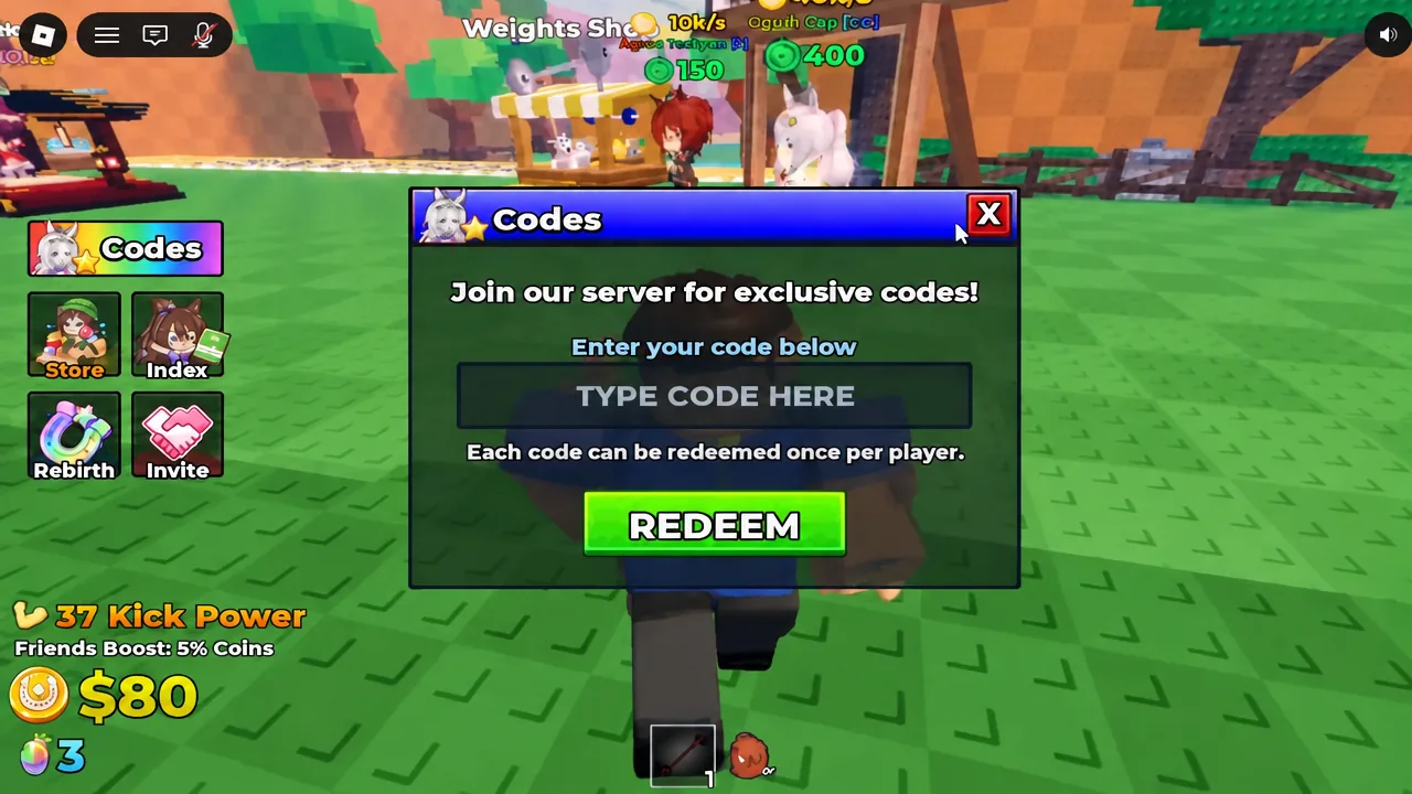 Kick an Uma Codes window open with the TYPE CODE HERE entry field highlighted