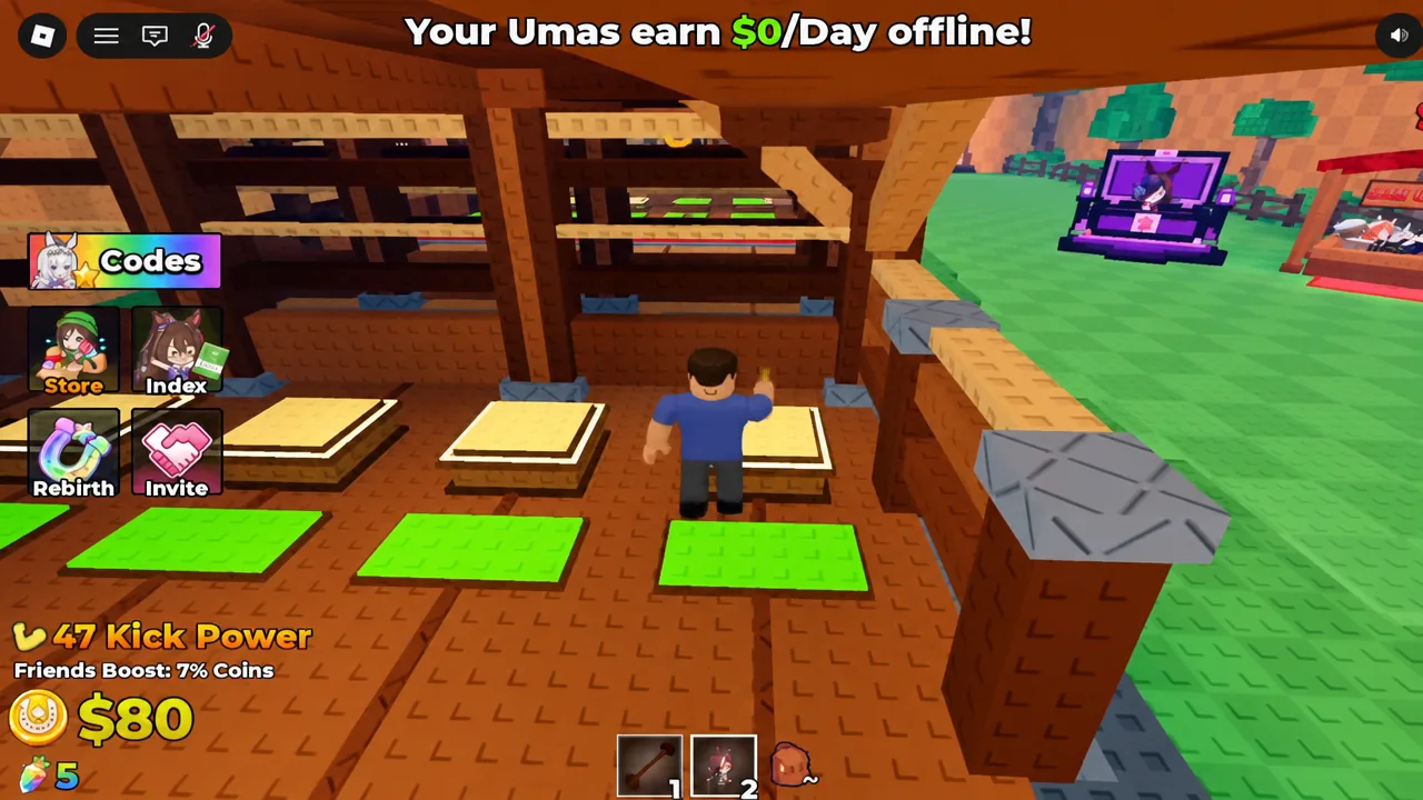 Player standing on a green barn platform in Kick an Uma with the Codes button visible on the HUD