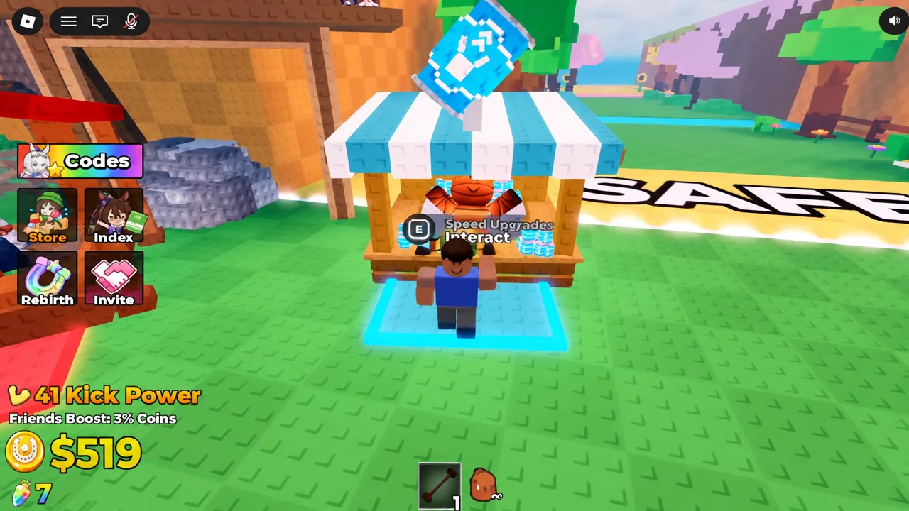 Speed Upgrades stall in Kick an Uma showing the E Interact prompt as the player walks up