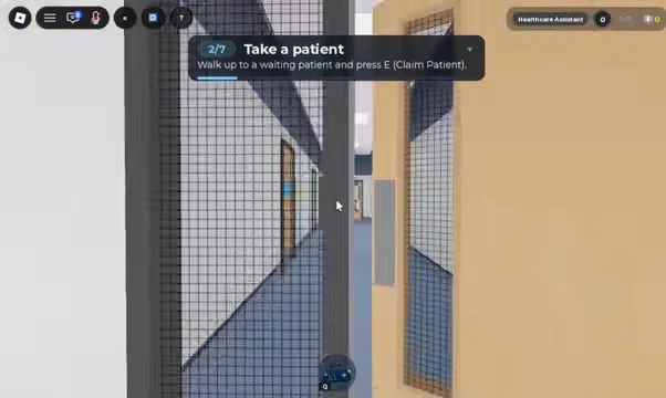 Waiting area objective card telling the player to press E to claim a waiting patient