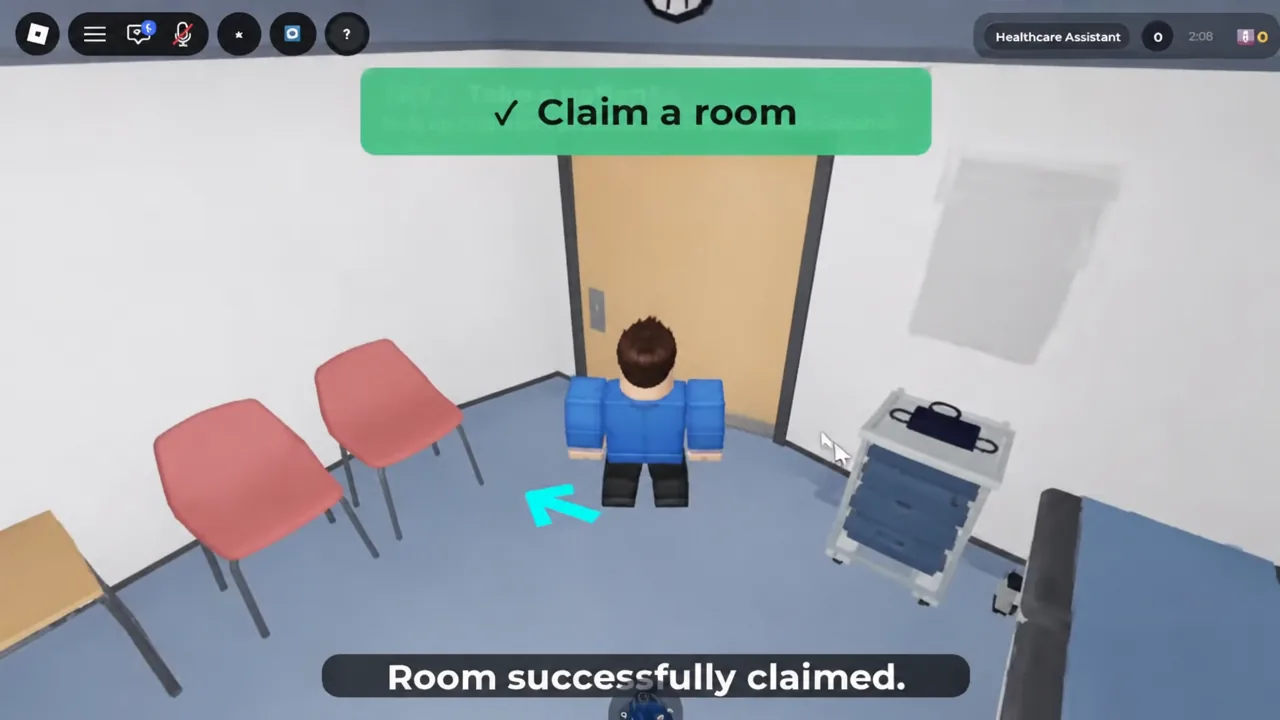 Workstation dashboard showing the room claim confirmation message during the first tutorial objective