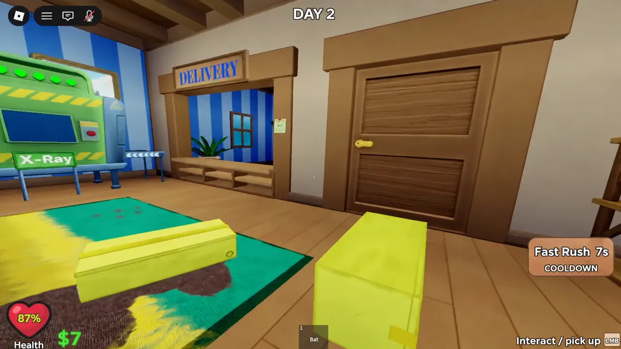 Left-click prompt highlighting a bat that can be picked up in the delivery area