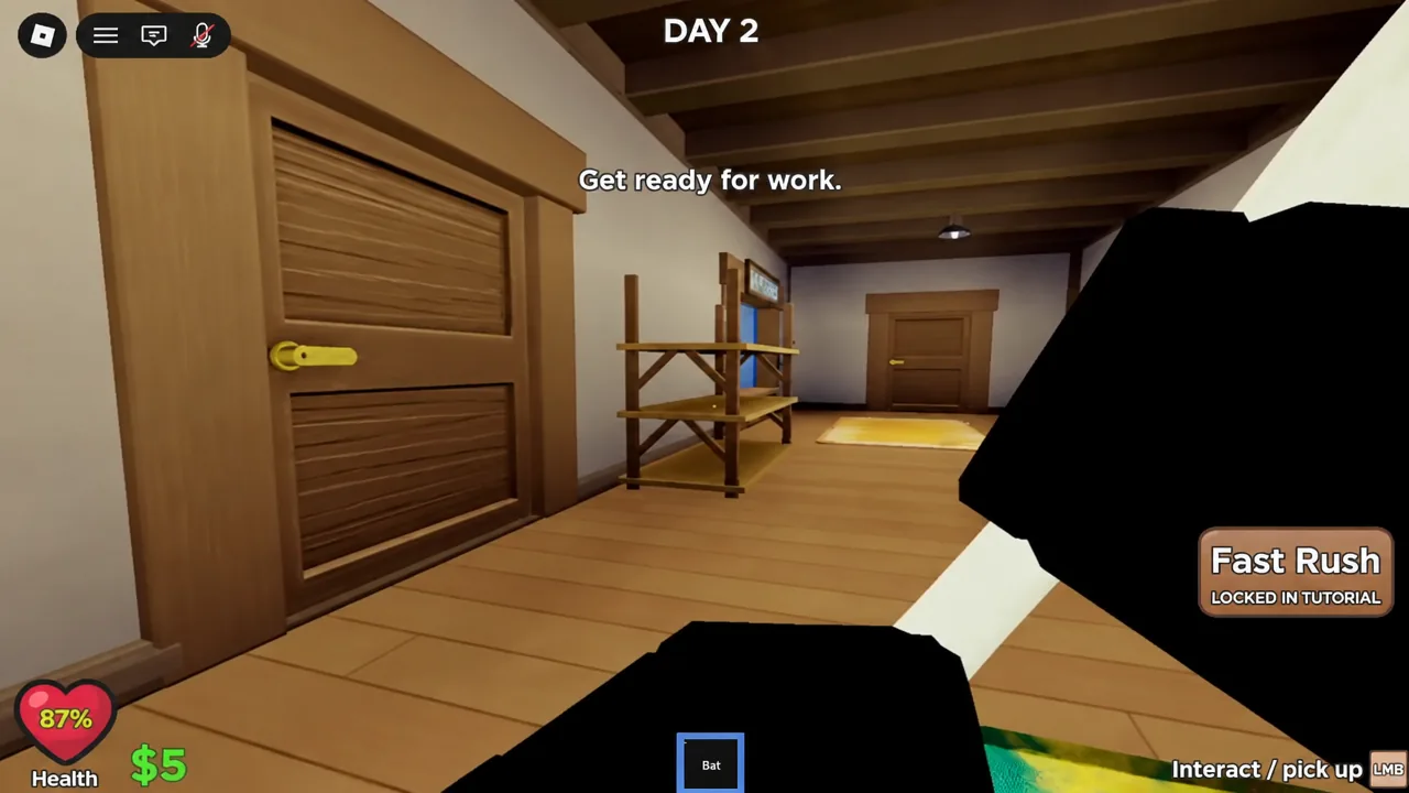Day 2 start screen in Lost Mail with a bat equipped before the shift begins