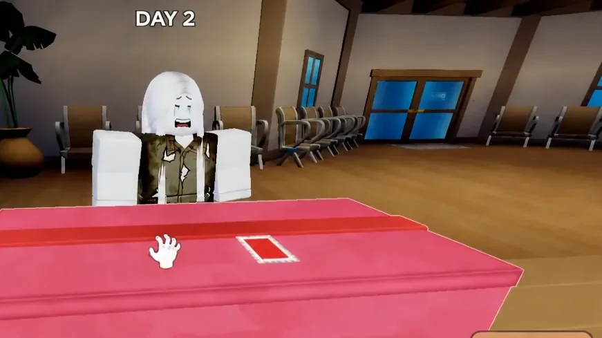 Hand interaction icon appearing over a pink package in the Lost Mail warehouse