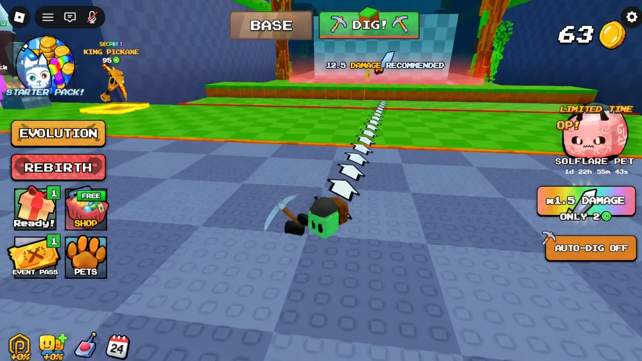 Player digging through blocks toward a marked path with the DIG tab selected