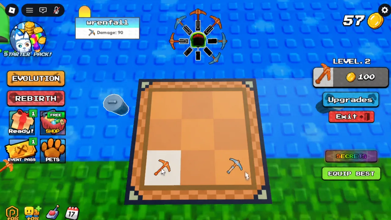 Merge board with an orange pickaxe highlighted in the lower-left tile