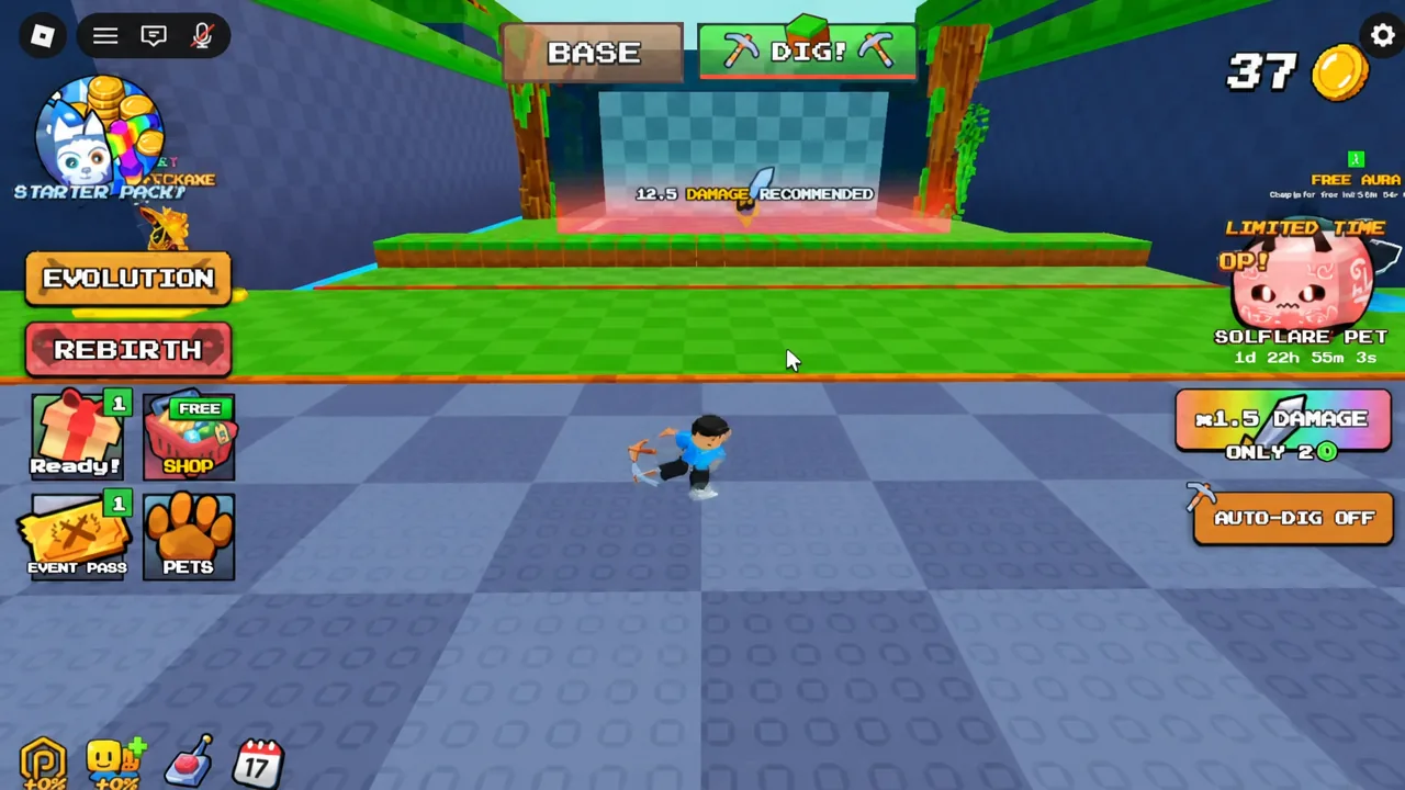 Character swinging a pickaxe toward the highlighted excavation area in the dig zone