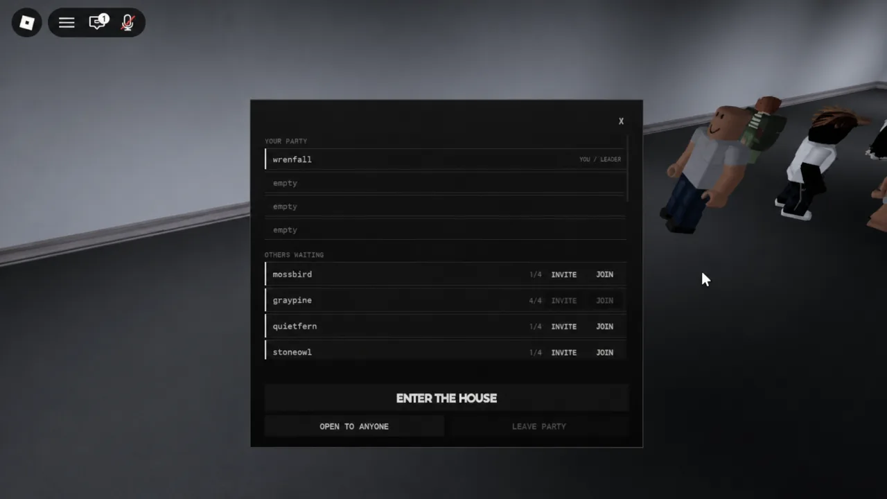 Party menu listing waiting players with the ENTER THE HOUSE button highlighted