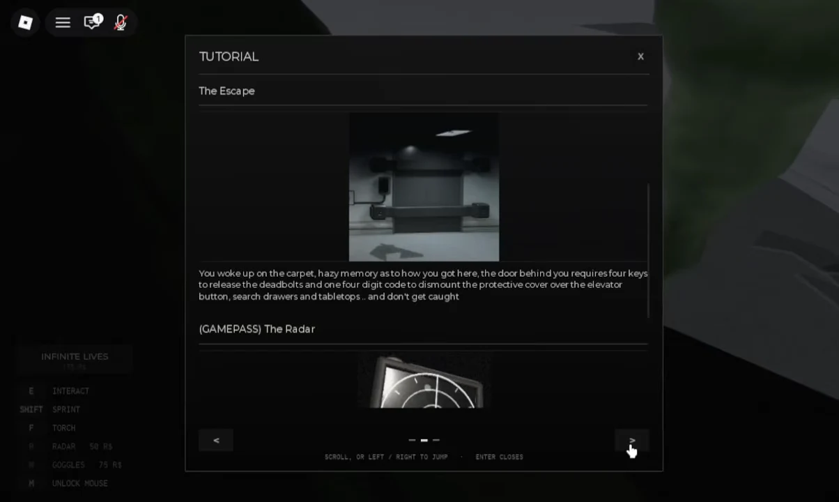 Tutorial window open on The Escape page with the next-page arrow highlighted
