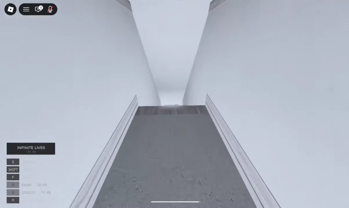 First-person view moving up a gray ramp with the INFINITE LIVES HUD and control prompts on screen
