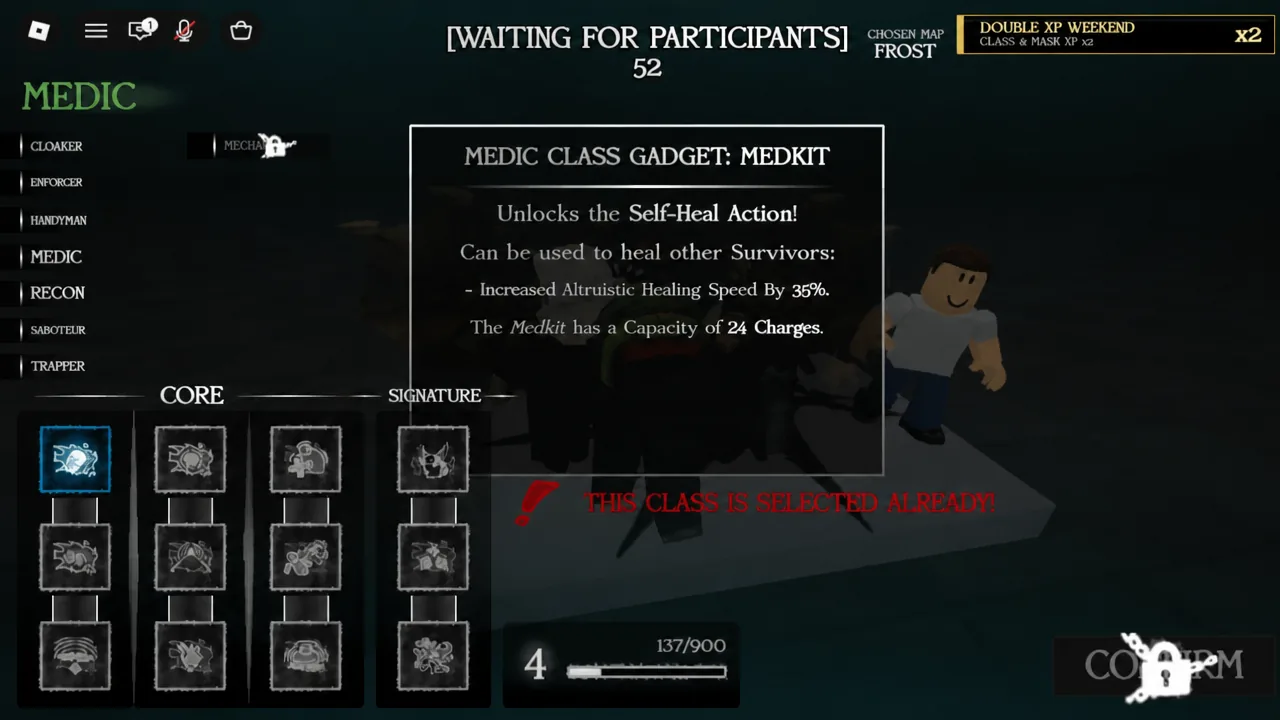 Medic class preparation screen with the Core gadget slot highlighted in blue showing the Medkit