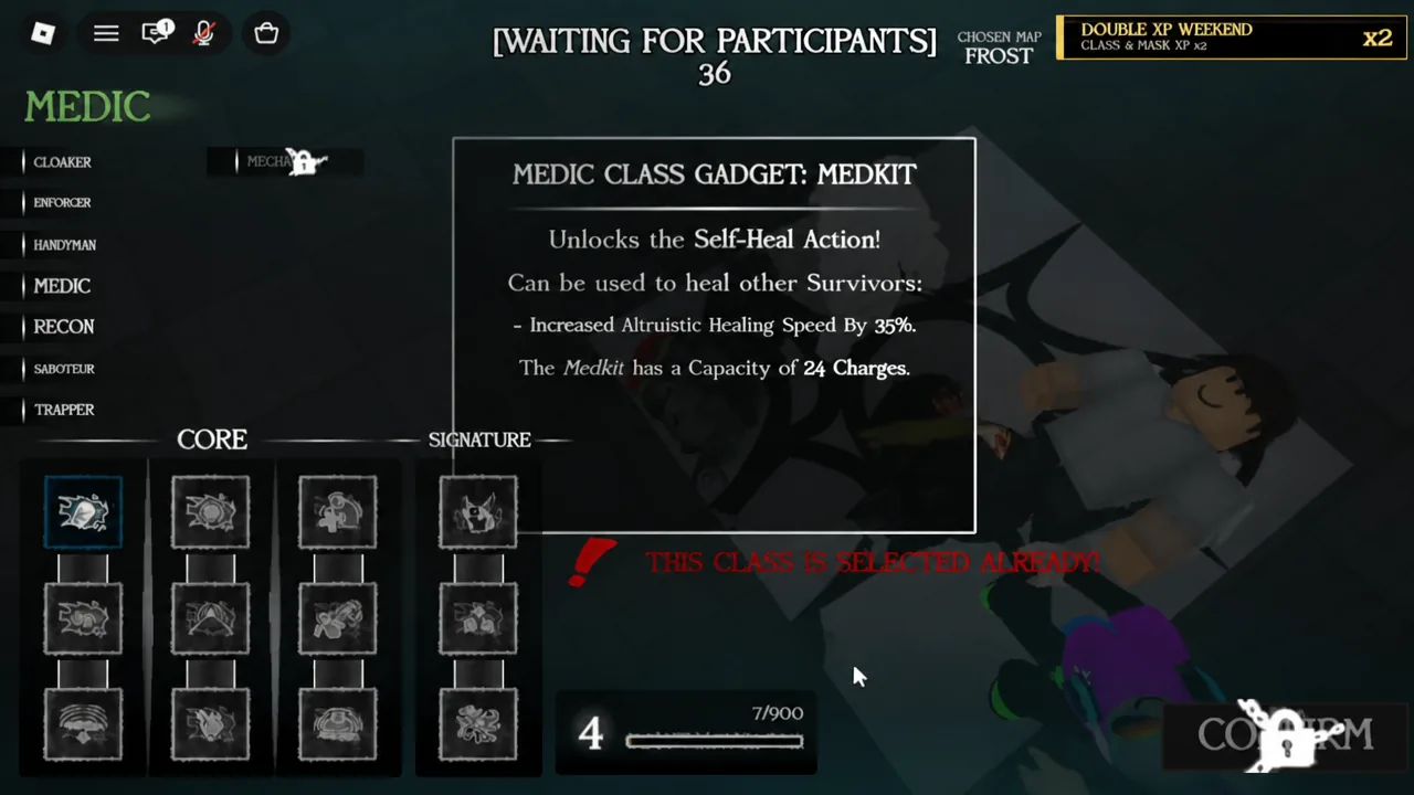 Medic class screen showing the Medkit tooltip open while the class is already claimed by another player