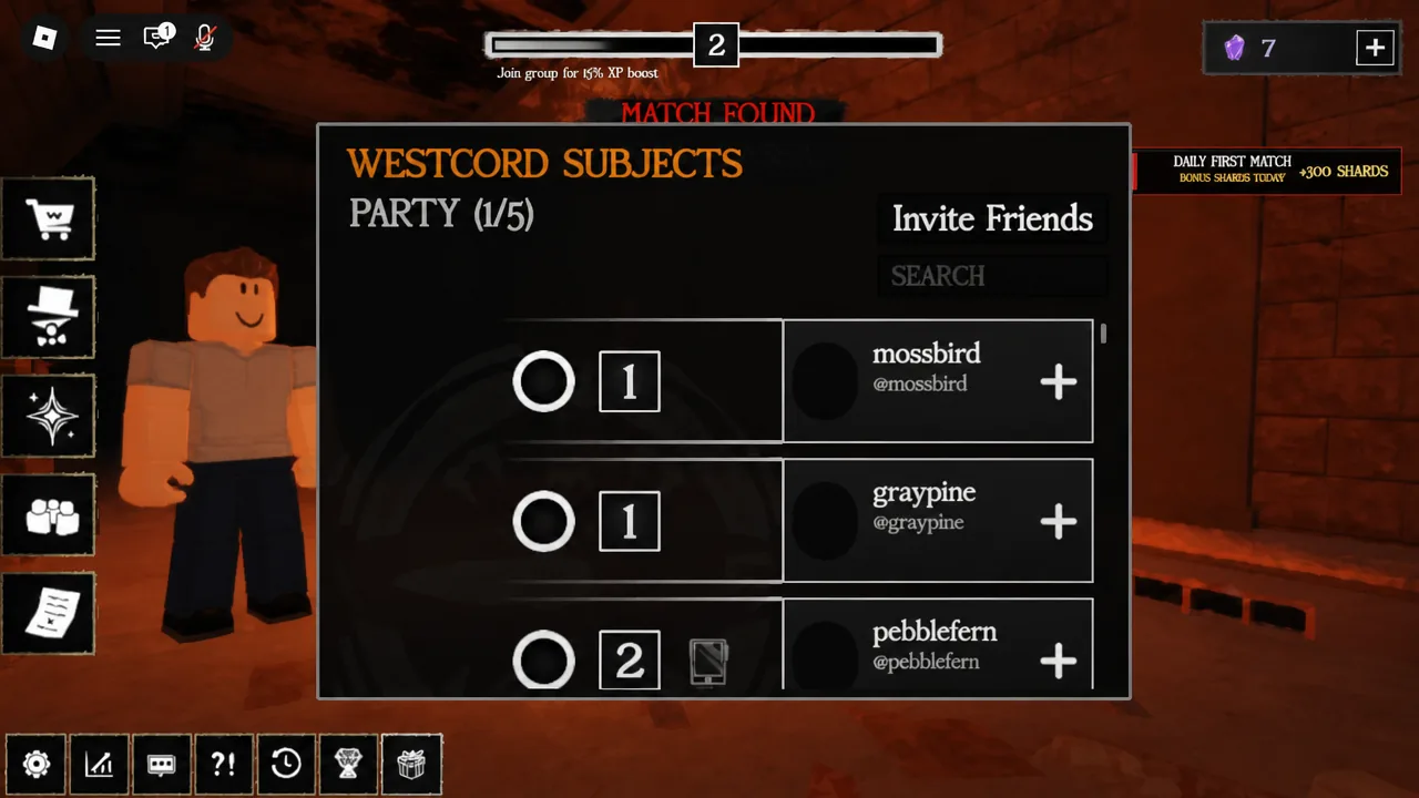 Murderthon match found screen listing the Westcord Subjects party members before the trial loads