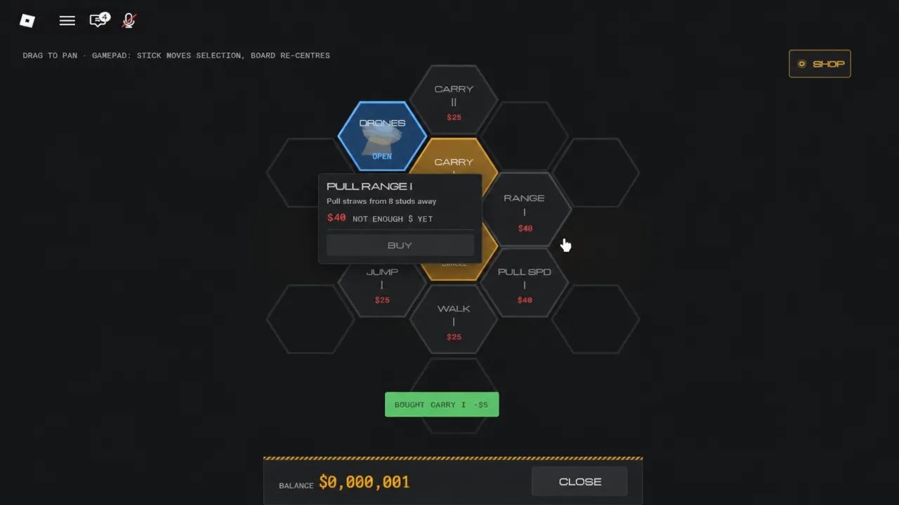 Upgrade radial menu with Pull Range I selected and its BUY button unavailable
