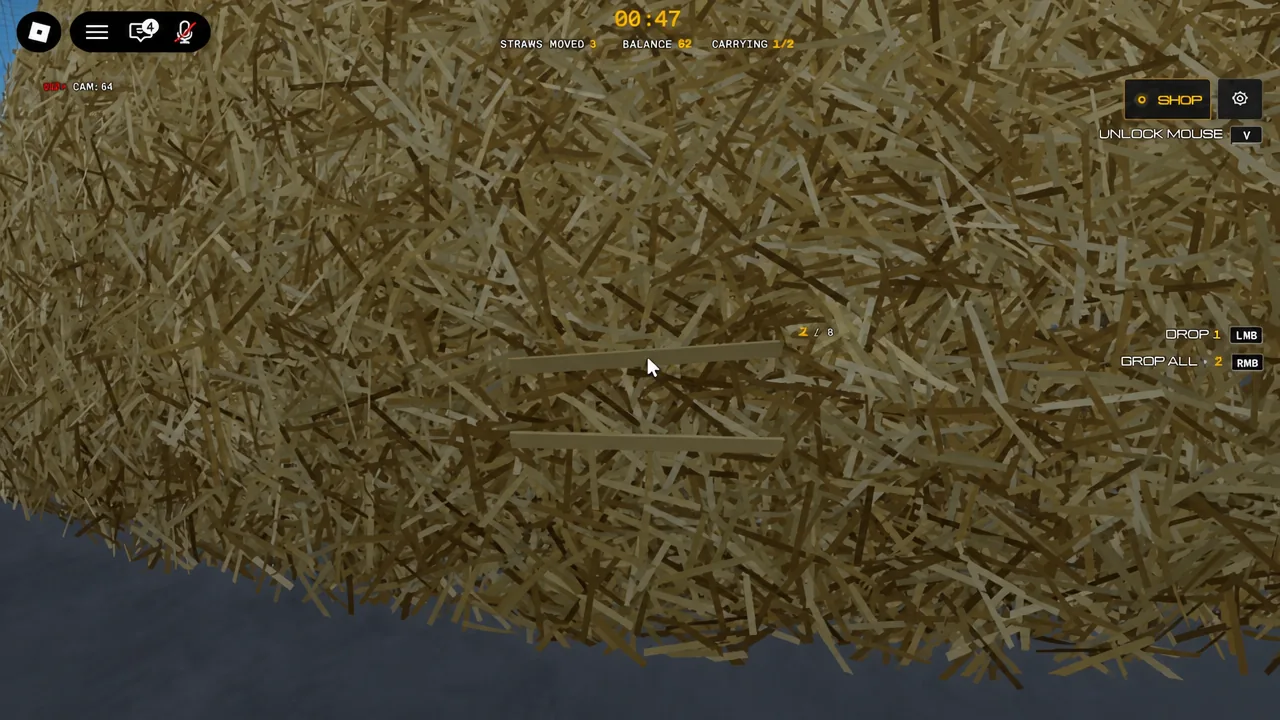 Gameplay HUD showing a straw carried at 1 of 2 capacity with DROP 1 and DROP ALL controls
