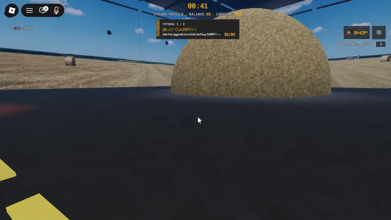 Tutorial panel instructing the player to buy the CARRY upgrade at the terminal