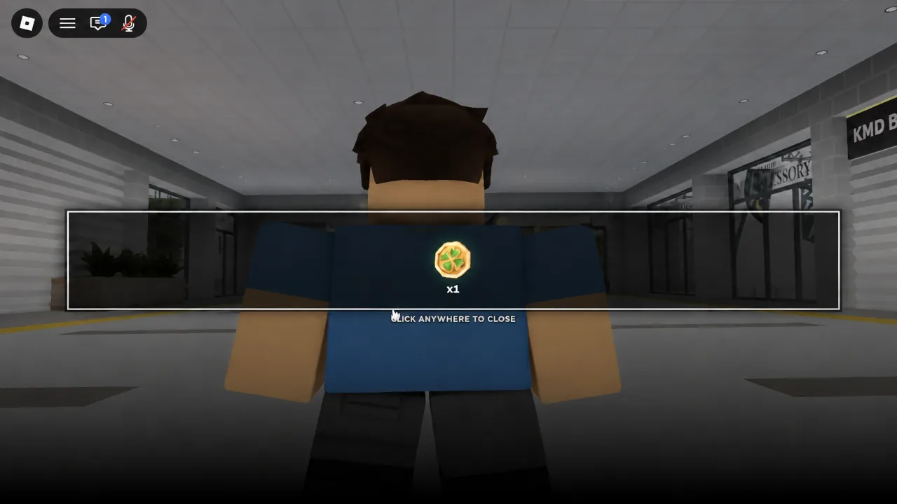Reward pop-up showing a clover coin drop with a prompt to click anywhere to close