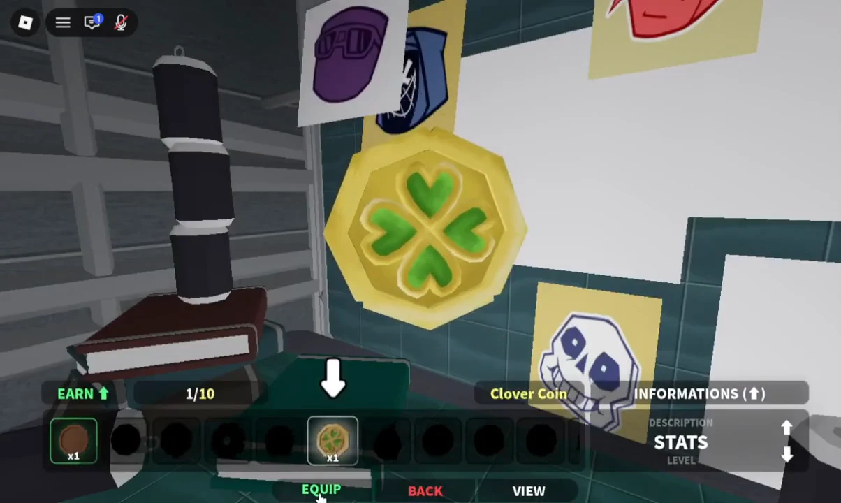 Coin inventory with the Clover Coin selected and the EQUIP button highlighted